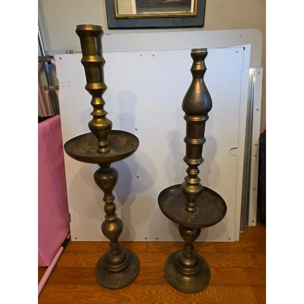 Moroccan Etched Brass Pillar Floor Altar Candlesticks Candle Holders Set Vintage